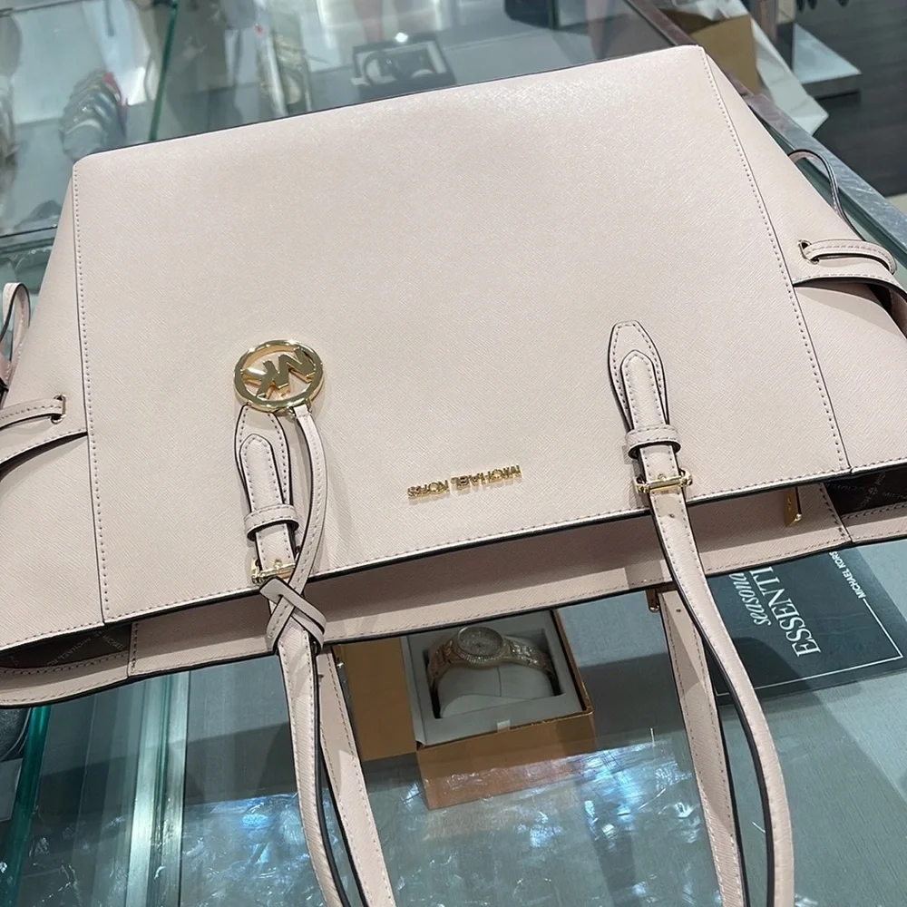 Michael Kors Gilly Large Drawstring Travel Leather Top Zip Tote  Powder Blash